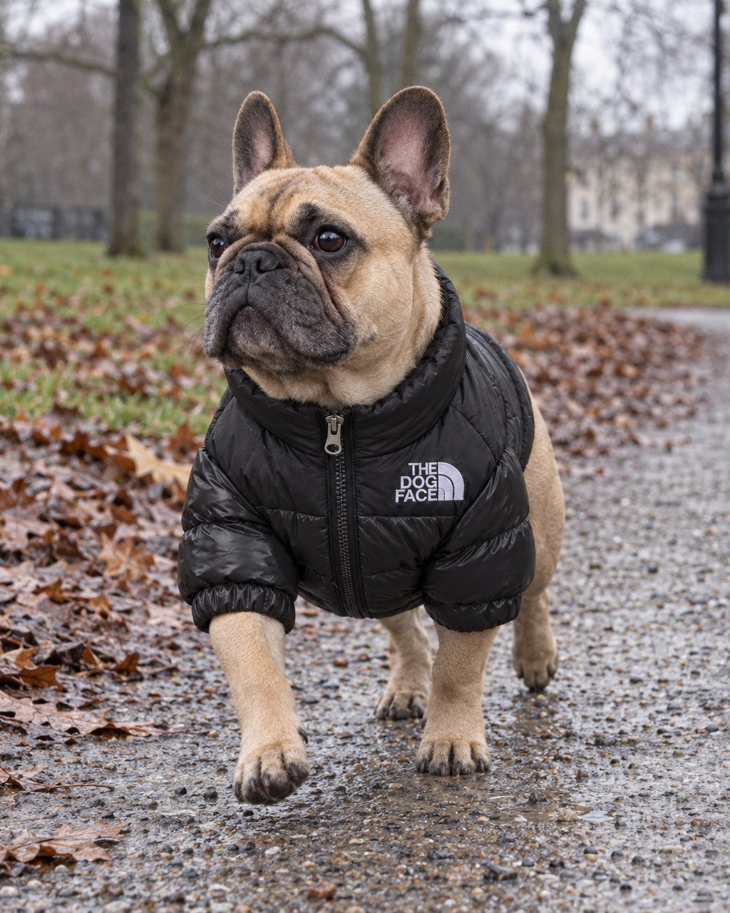Dog Puffer Jacket in black, worn by a French bulldog on a walk