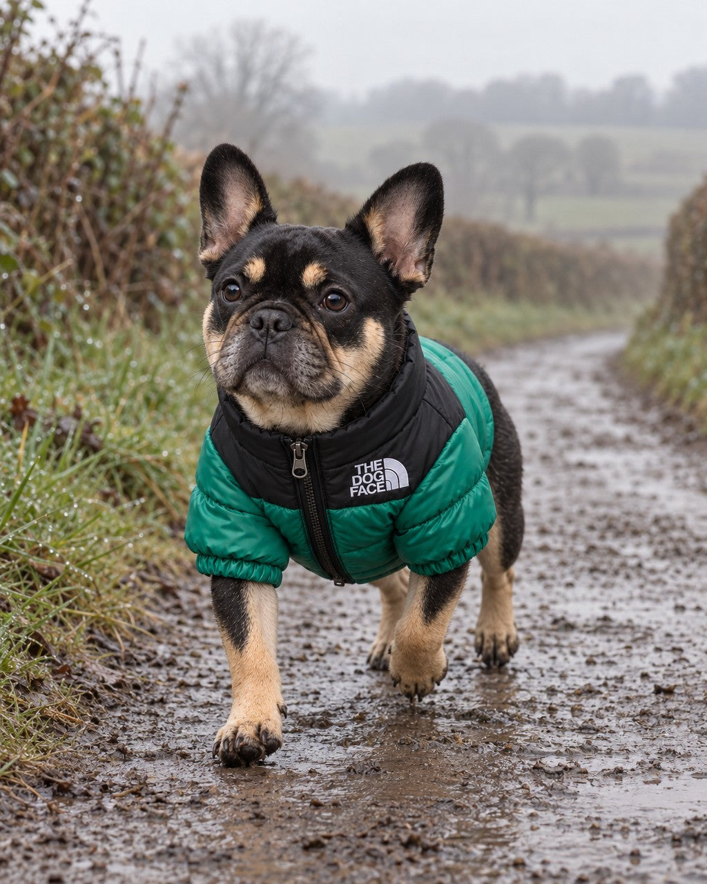 Dog Puffer Jacket in green, worn by a French bulldog on a walk