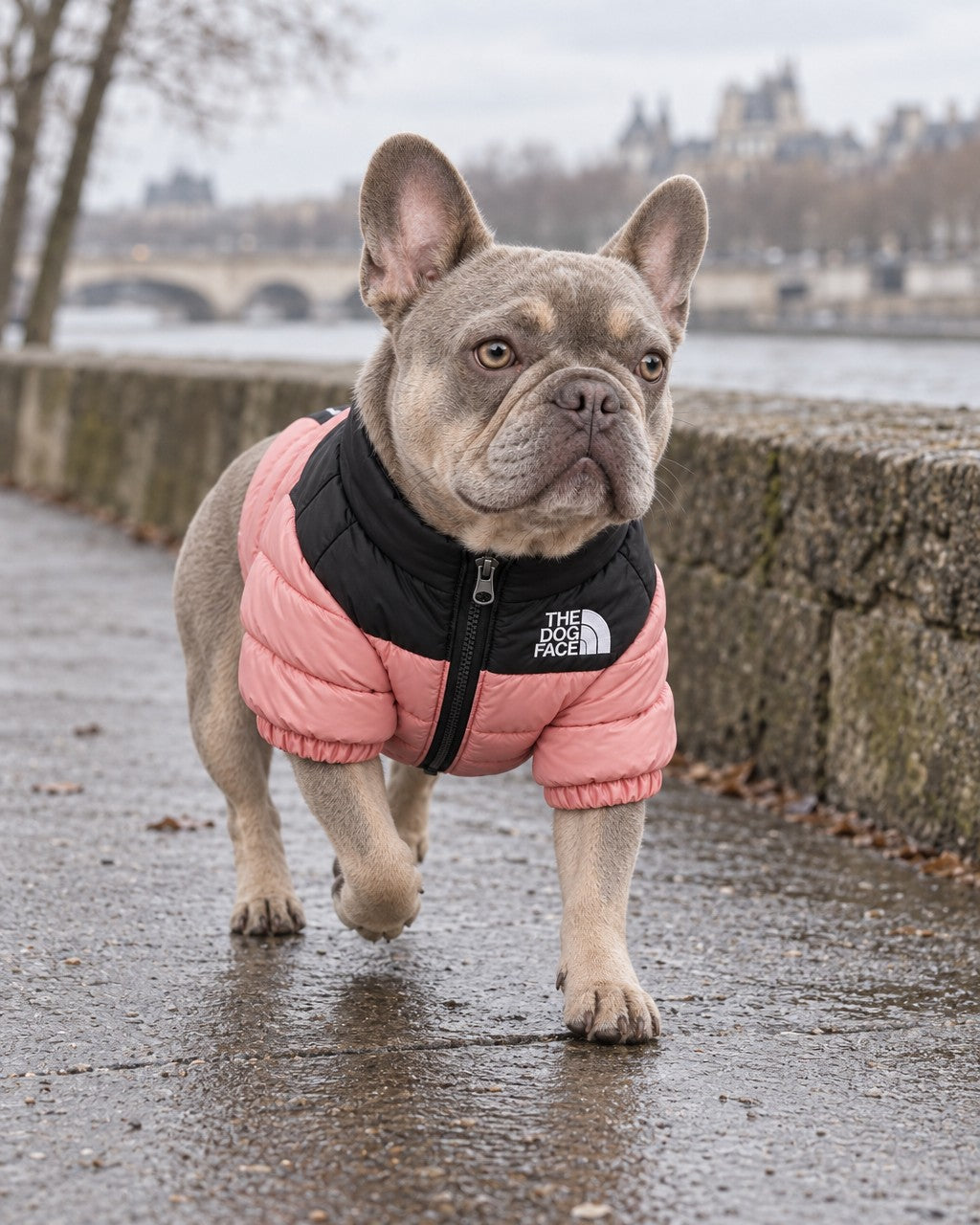 Dog Puffer Jacket in pink, worn by a French bulldog on a walk