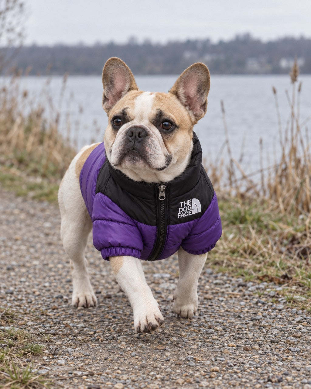 Dog Puffer Jacket in purple, worn by a French bulldog on a walk