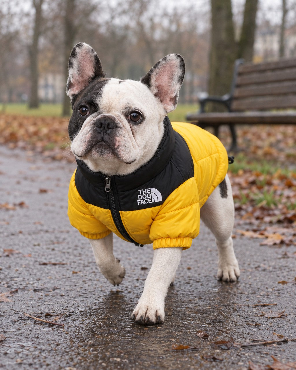 Dog Puffer Jacket in yellow, worn by a French bulldog on a walk