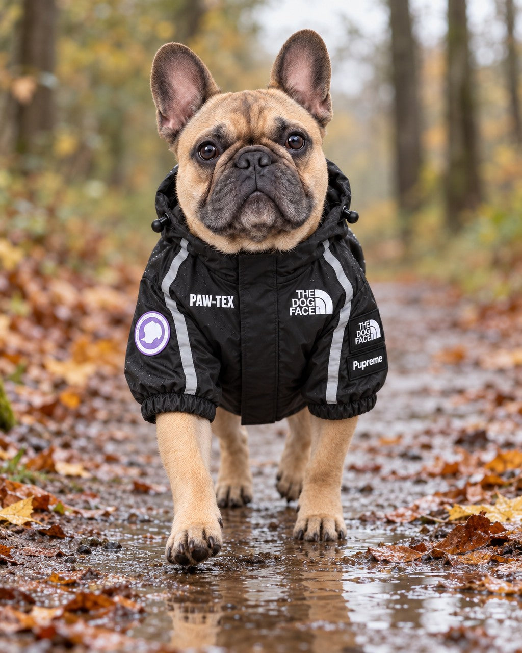 Dog Waterproof Jacket in black, worn by a French bulldog on a walk