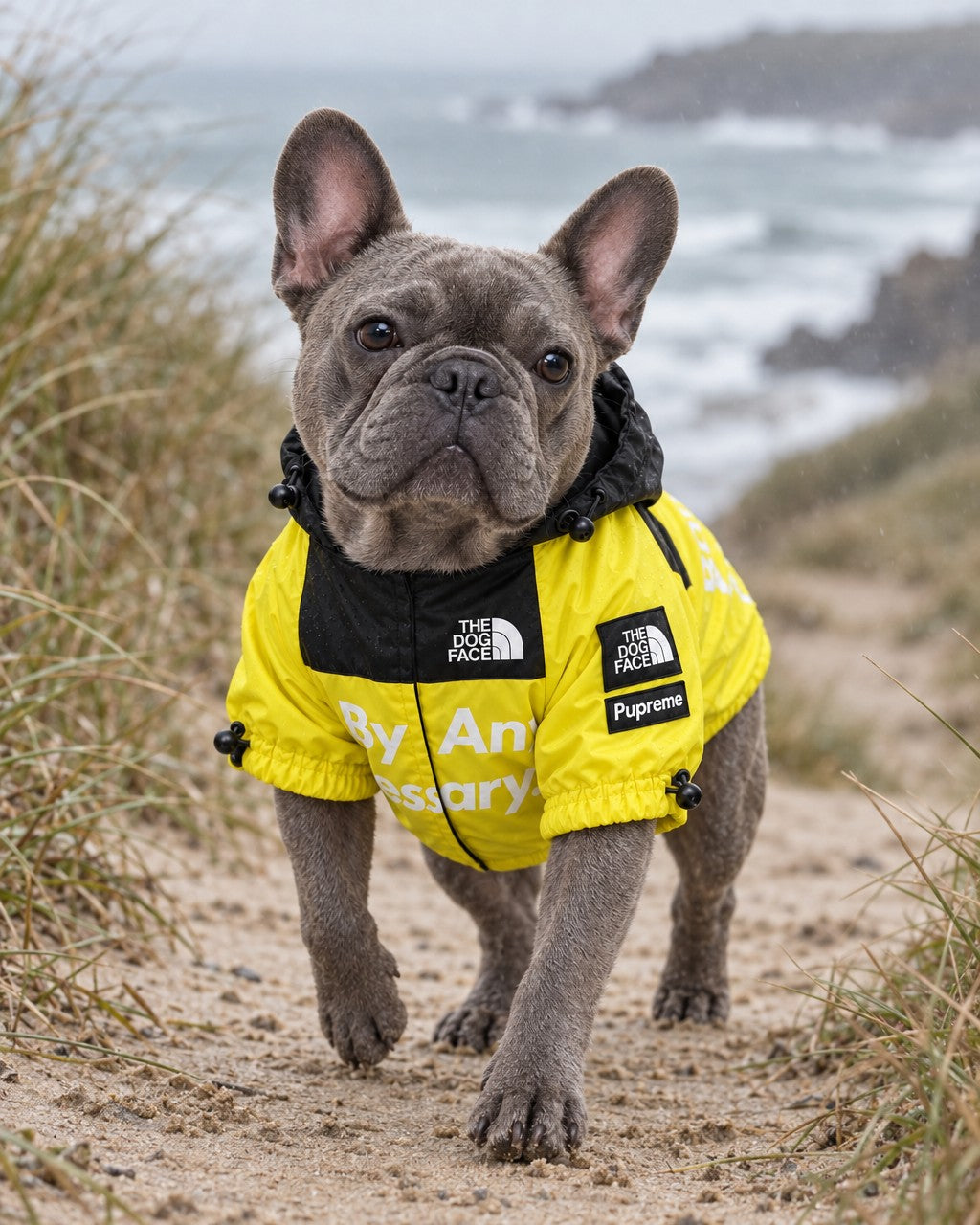 Dog Waterproof Jacket in yellow, worn by a French bulldog on a walk