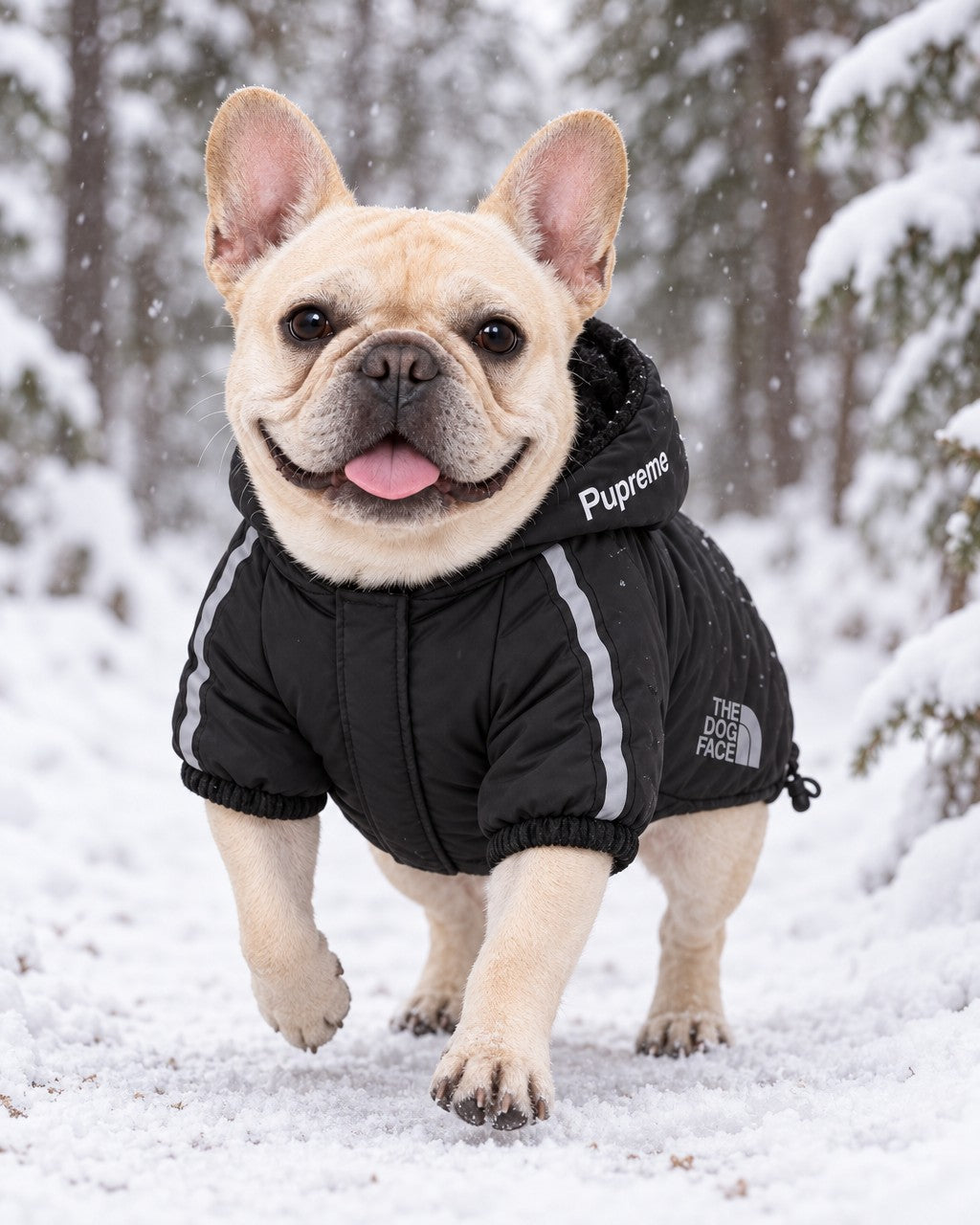 Dog Winter Jacket in black, worn by a French bulldog on a walk