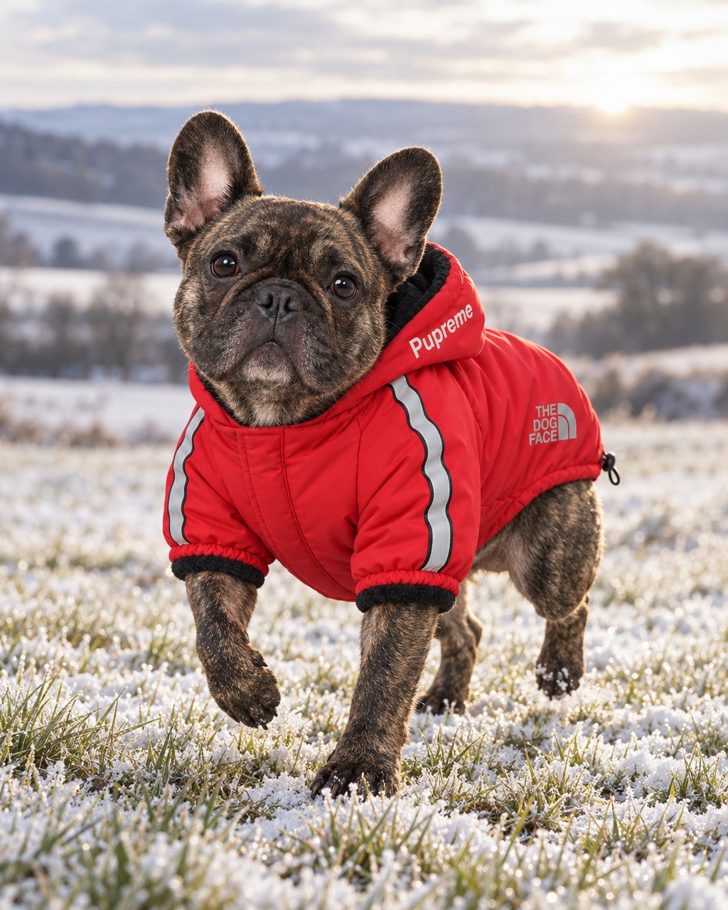 Dog Winter Jacket in red, worn by a French bulldog on a walk