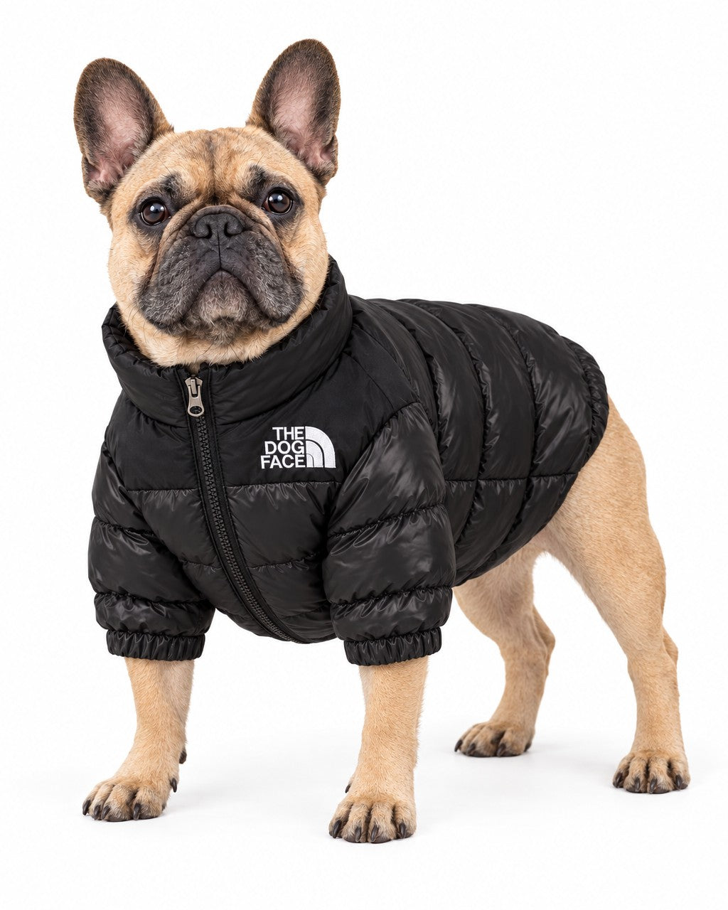 Dog Puffer Jacket in black, worn by a French bulldog, standing, three-quarter view