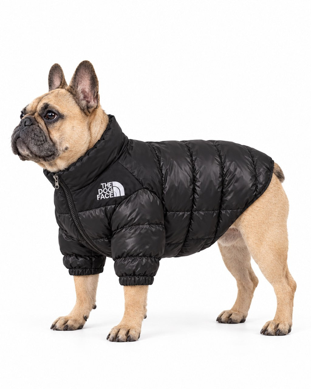 Dog Puffer Jacket in black, worn by a French bulldog, standing, side view