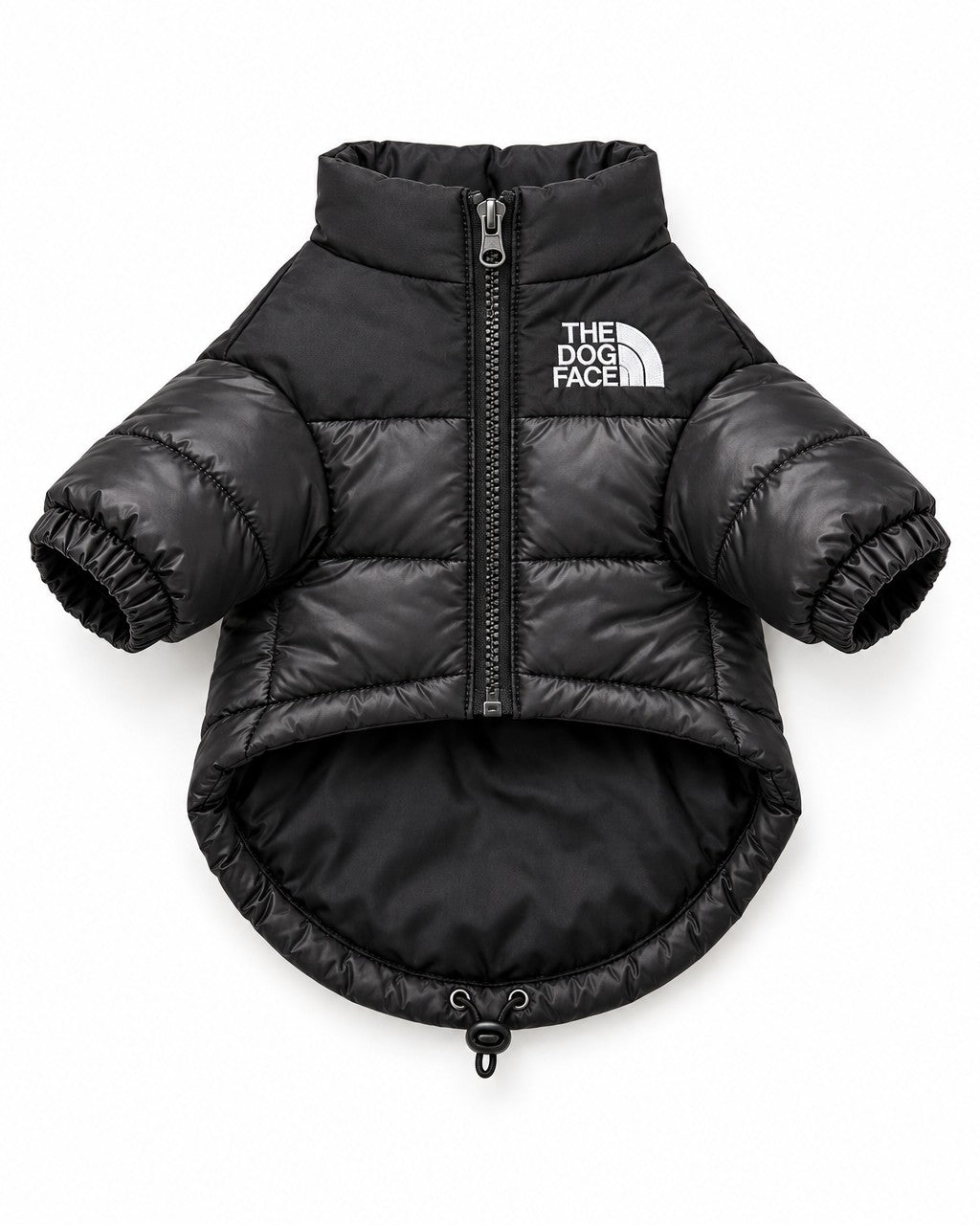Dog Puffer Jacket in black, laid flat, front