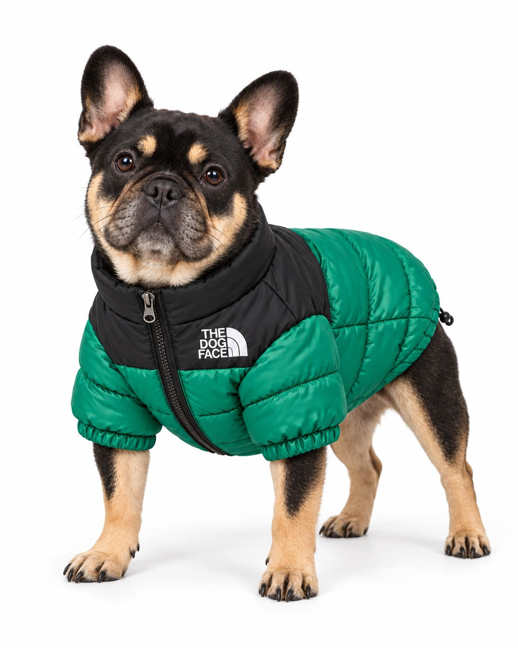 Dog Puffer Jacket in green, worn by a French bulldog, standing, three-quarter view