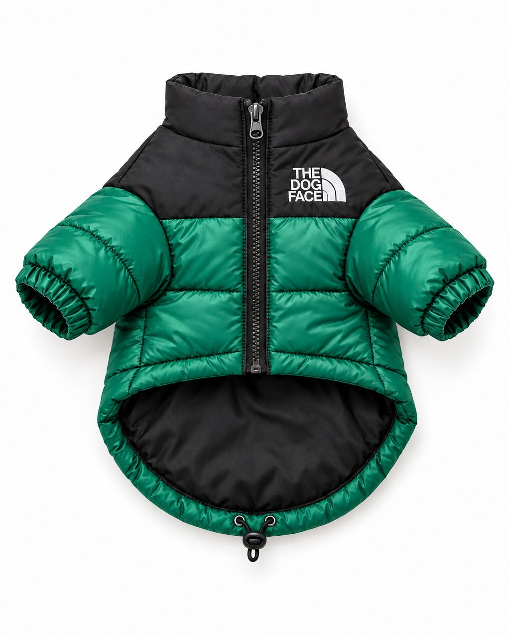 Dog Puffer Jacket in green, laid flat, front