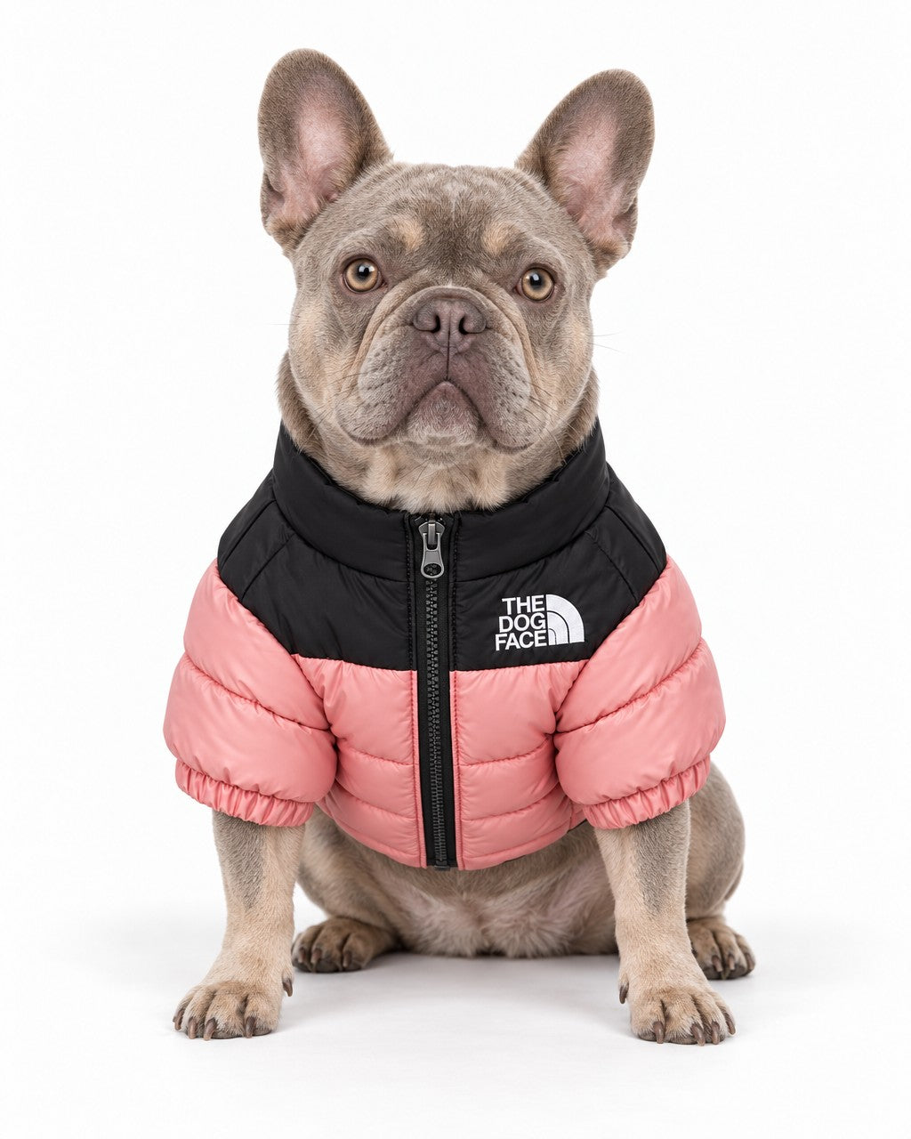Dog Puffer Jacket in pink, worn by a French bulldog, sitting, front view