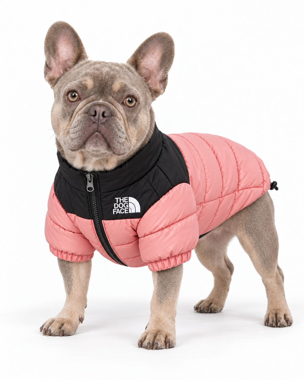 Dog Puffer Jacket in pink, worn by a French bulldog, standing, three-quarter view