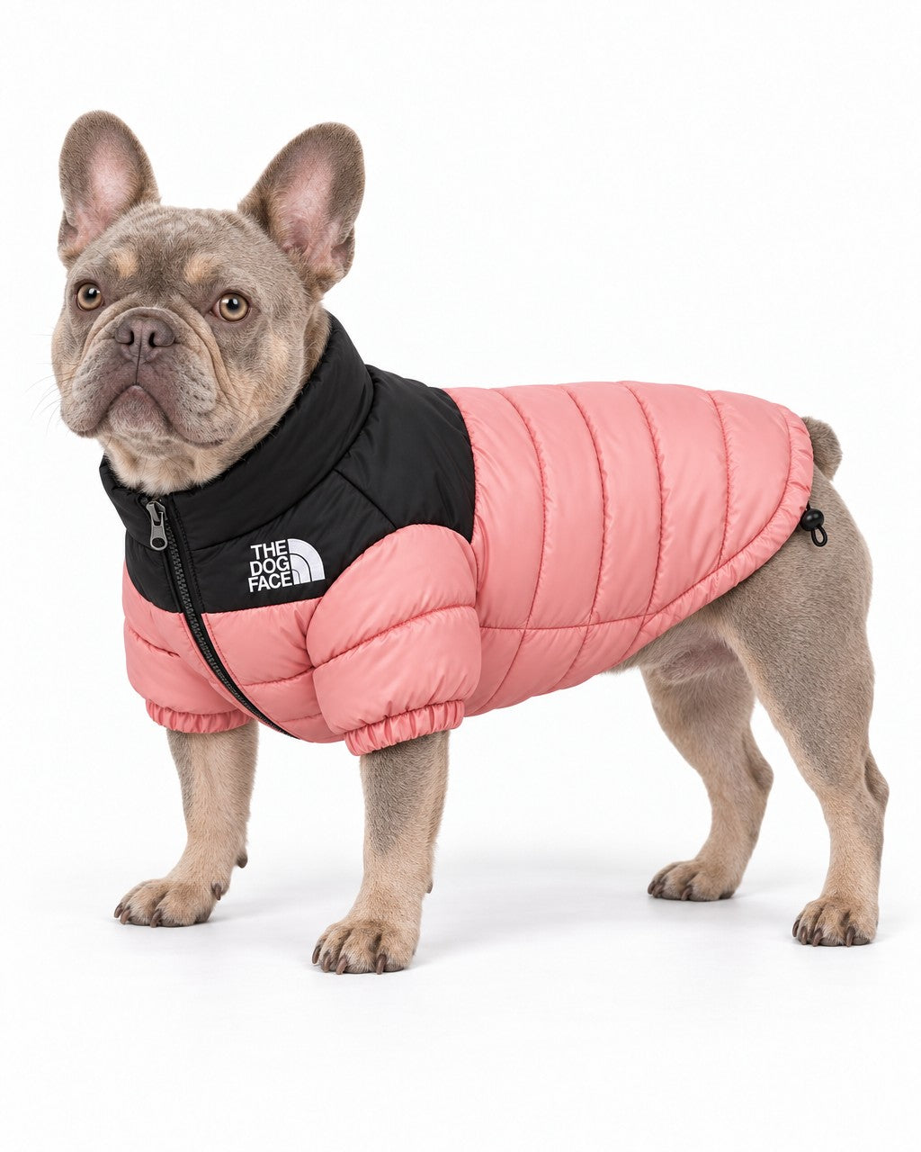 Dog Puffer Jacket in pink, worn by a French bulldog, standing, side view
