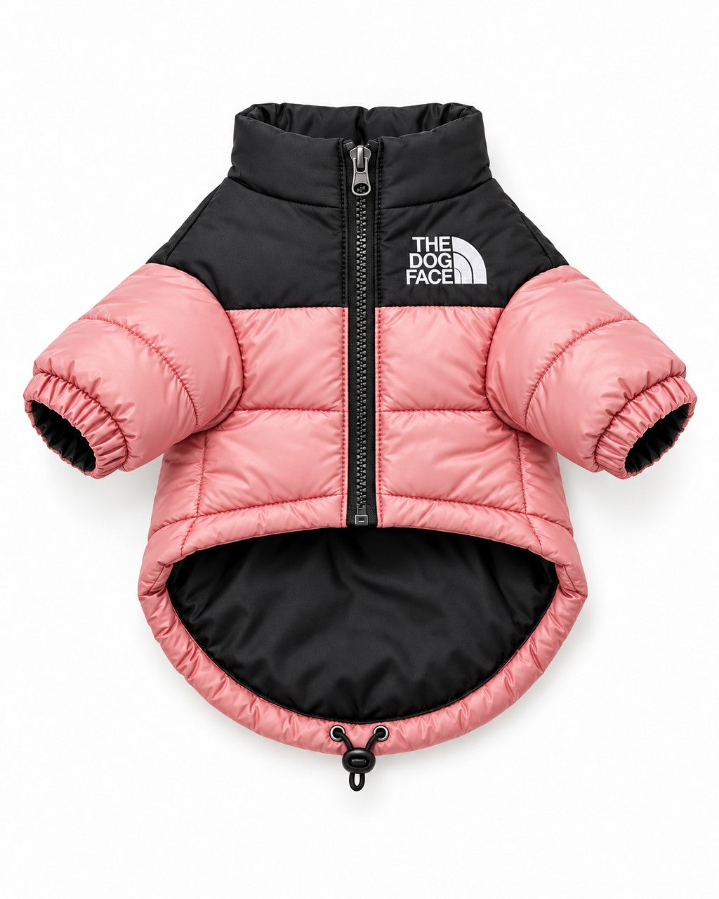 Dog Puffer Jacket in pink, laid flat, front