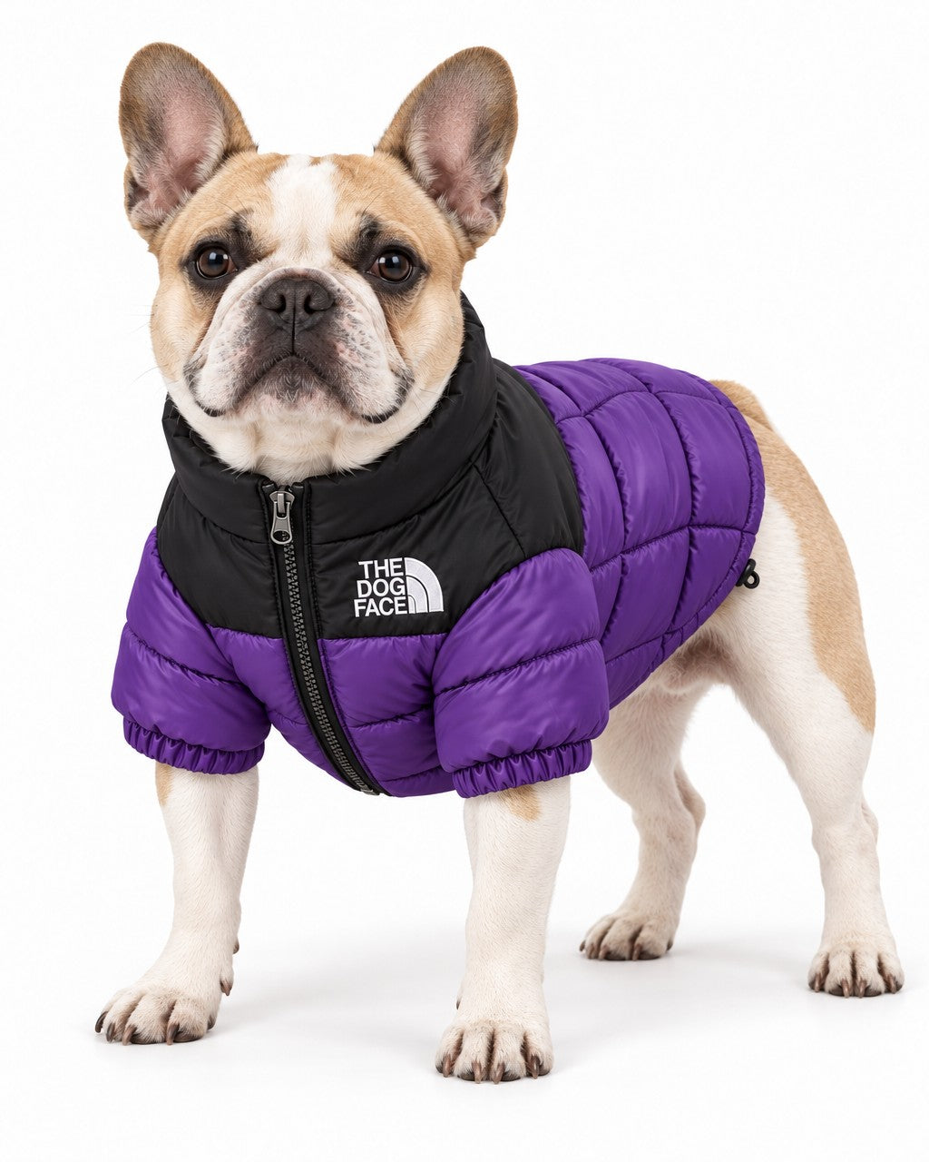 Dog Puffer Jacket in purple, worn by a French bulldog, standing, three-quarter view