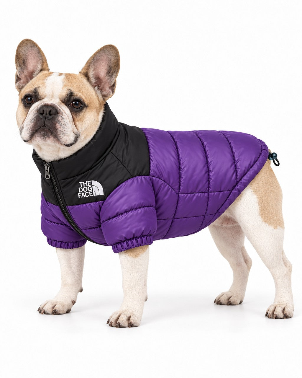 Dog Puffer Jacket in purple, worn by a French bulldog, standing, side view
