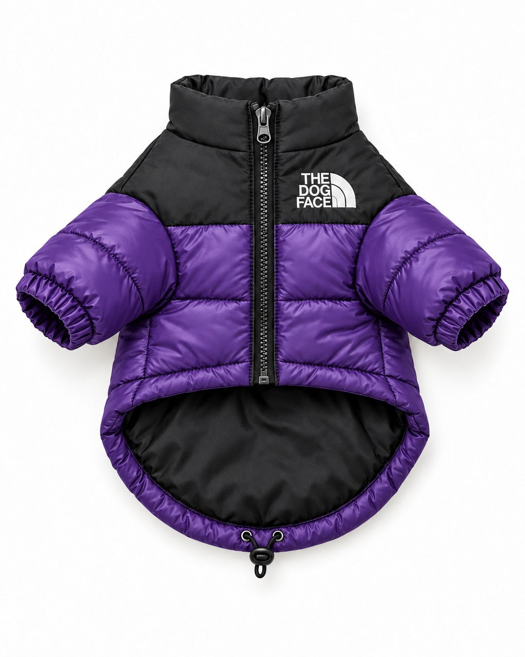 Dog Puffer Jacket in purple, laid flat, front