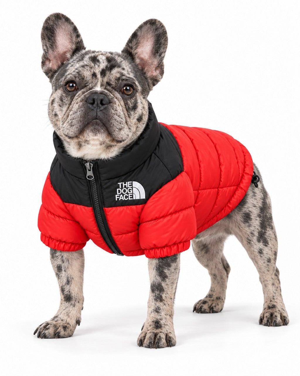 Dog Puffer Jacket in red, worn by a French bulldog, standing, three-quarter view