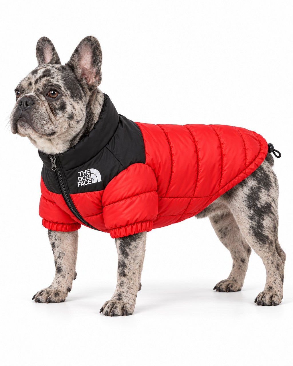Dog Puffer Jacket in red, worn by a French bulldog, standing, side view