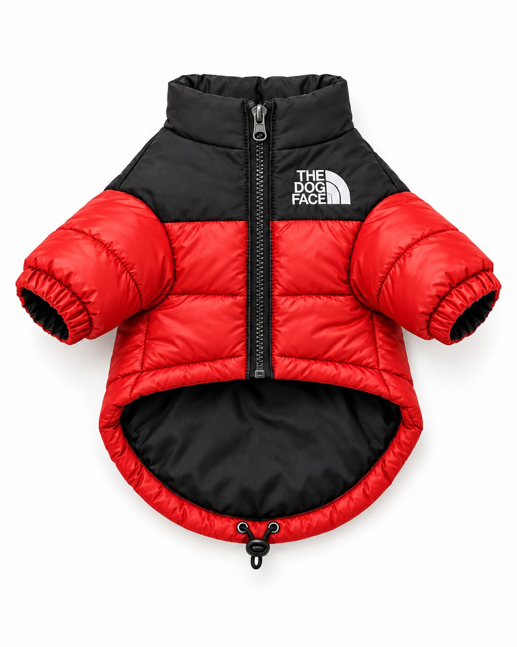 Dog Puffer Jacket in red, laid flat, front