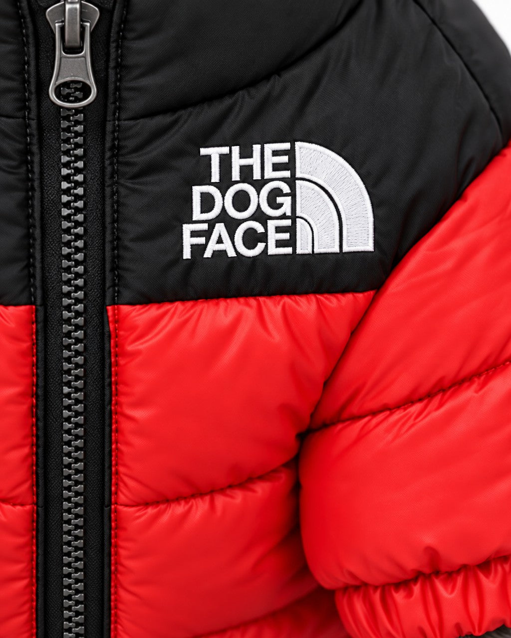 Dog Puffer Jacket in red, embroidered logo detail