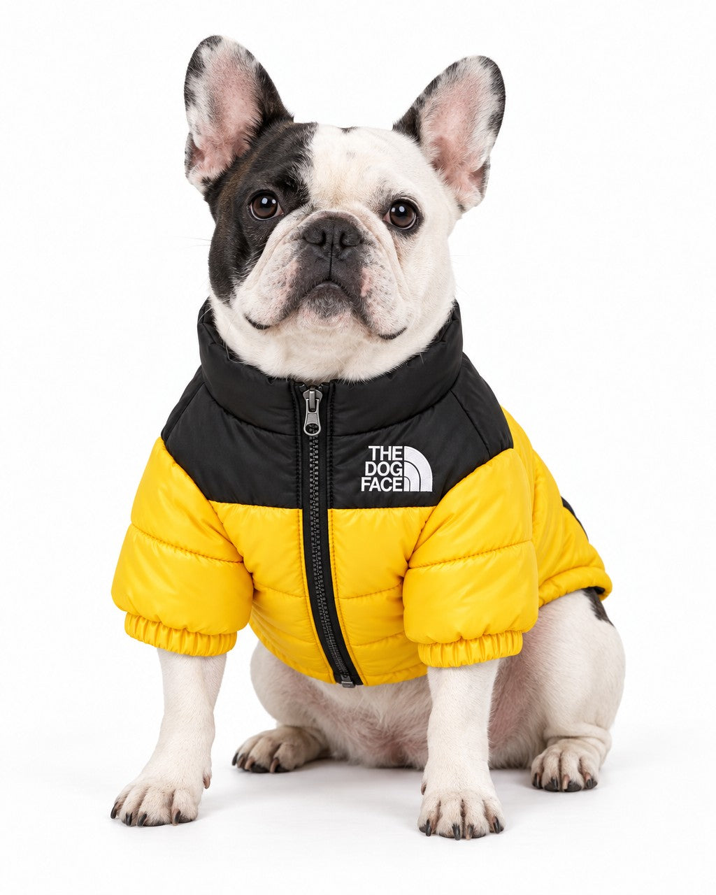 Dog Puffer Jacket in yellow, worn by a French bulldog, sitting, front view
