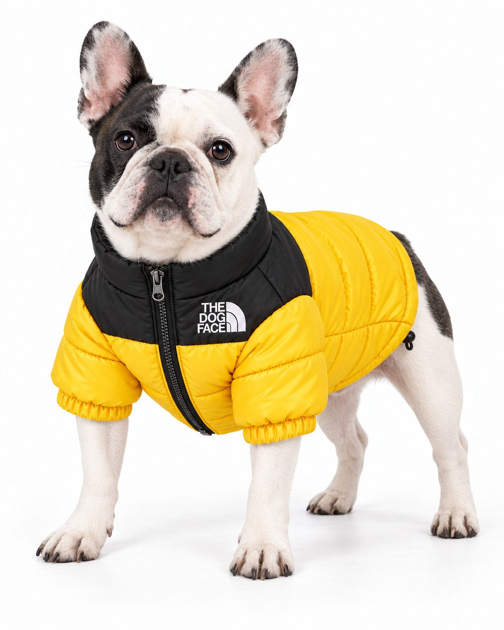 Dog Puffer Jacket in yellow, worn by a French bulldog, standing, three-quarter view