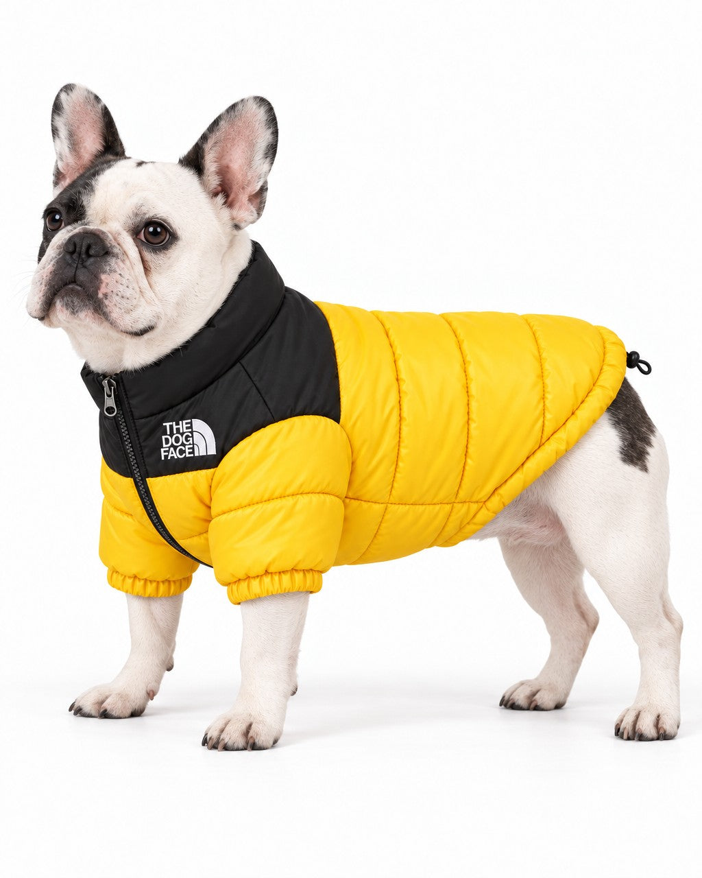 Dog Puffer Jacket in yellow, worn by a French bulldog, standing, side view