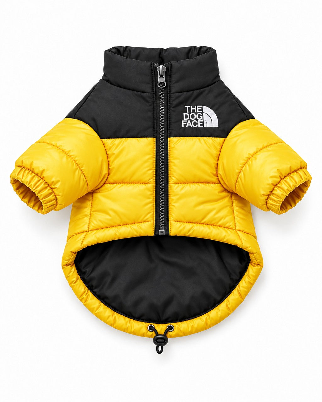 Dog Puffer Jacket in yellow, laid flat, front