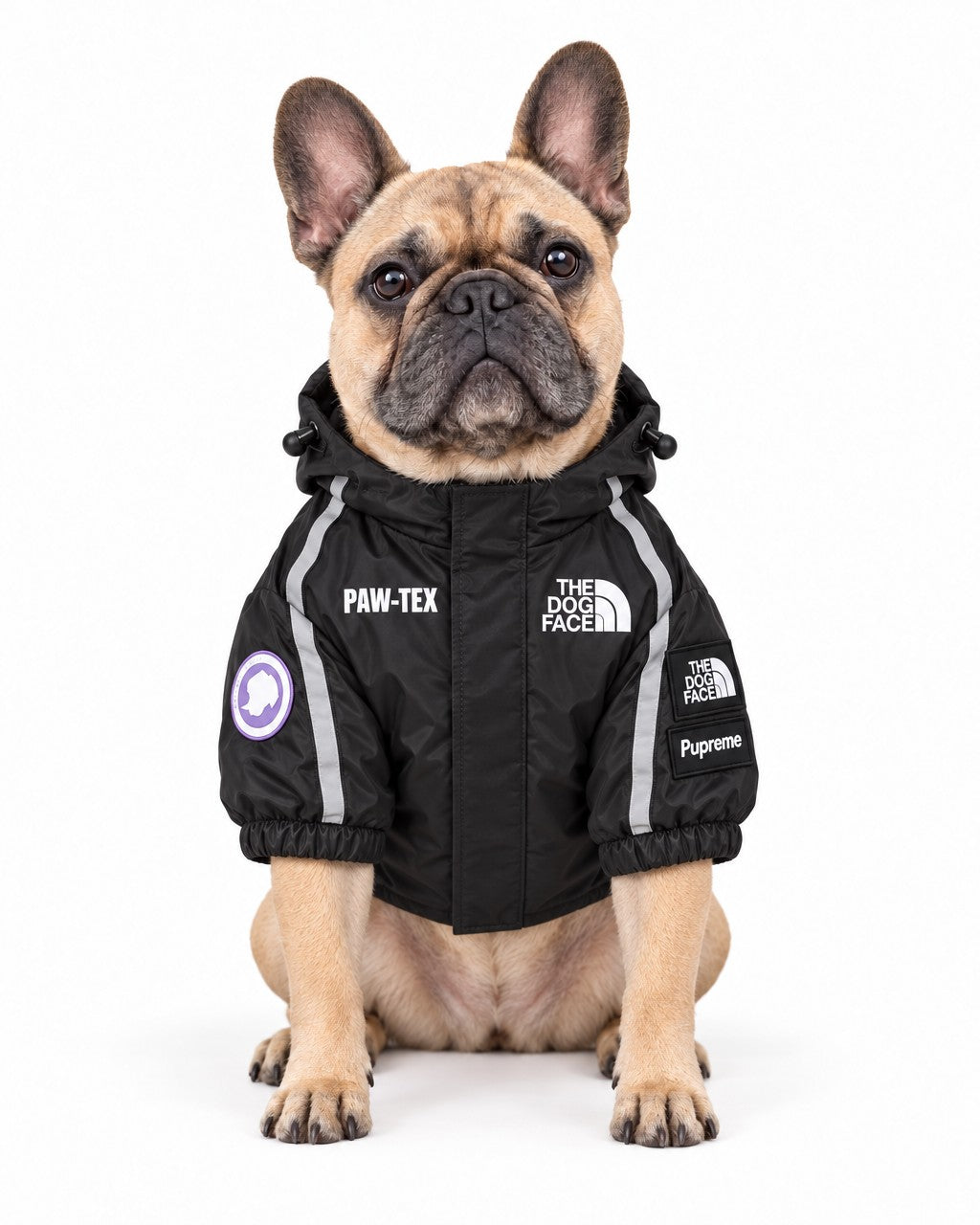Dog Waterproof Jacket in black, worn by a French bulldog, sitting, front view