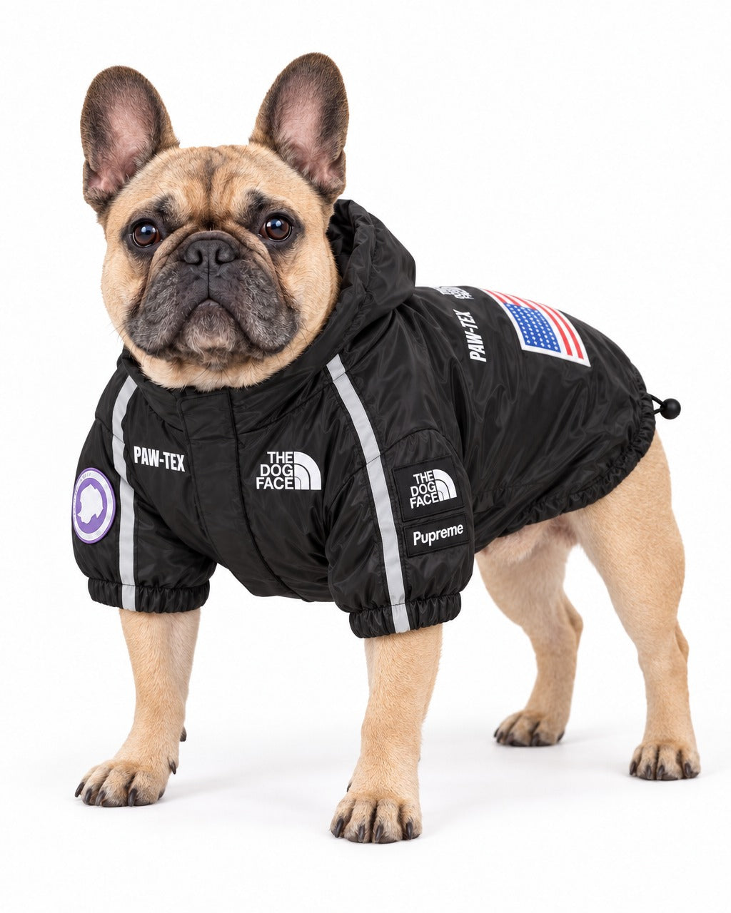 Dog Waterproof Jacket in black, worn by a French bulldog, standing, three-quarter view