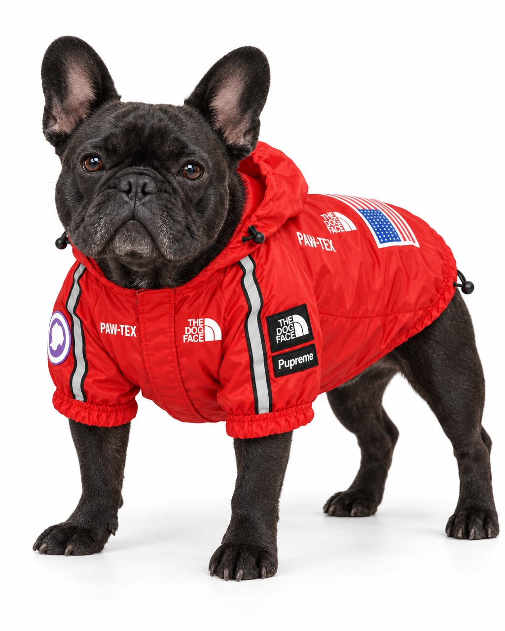 Dog Waterproof Jacket in red, worn by a French bulldog, standing, three-quarter view