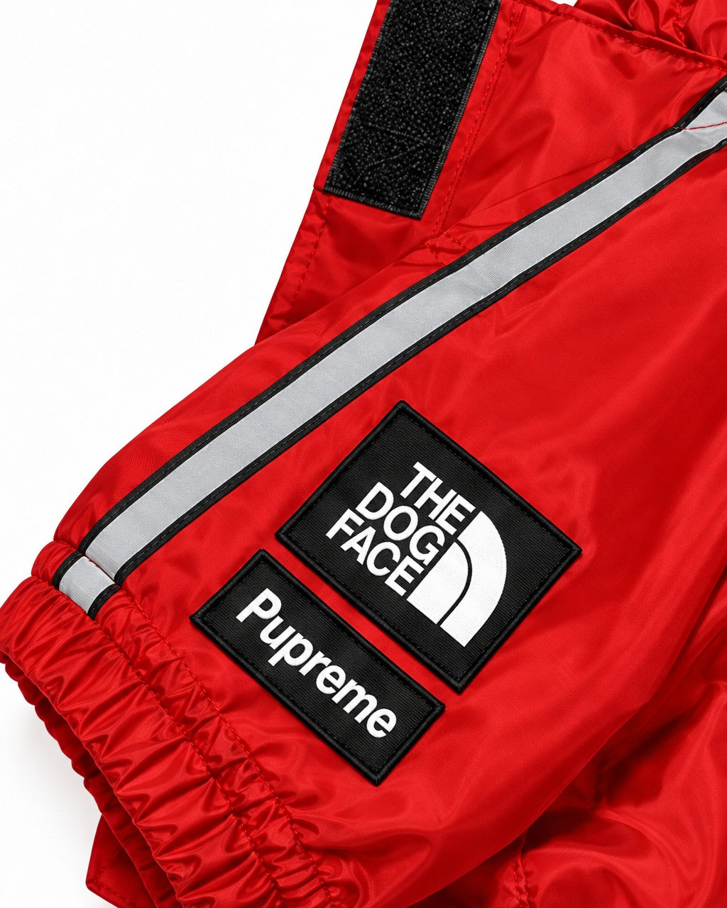 Dog Waterproof Jacket in red, sleeve labels detail