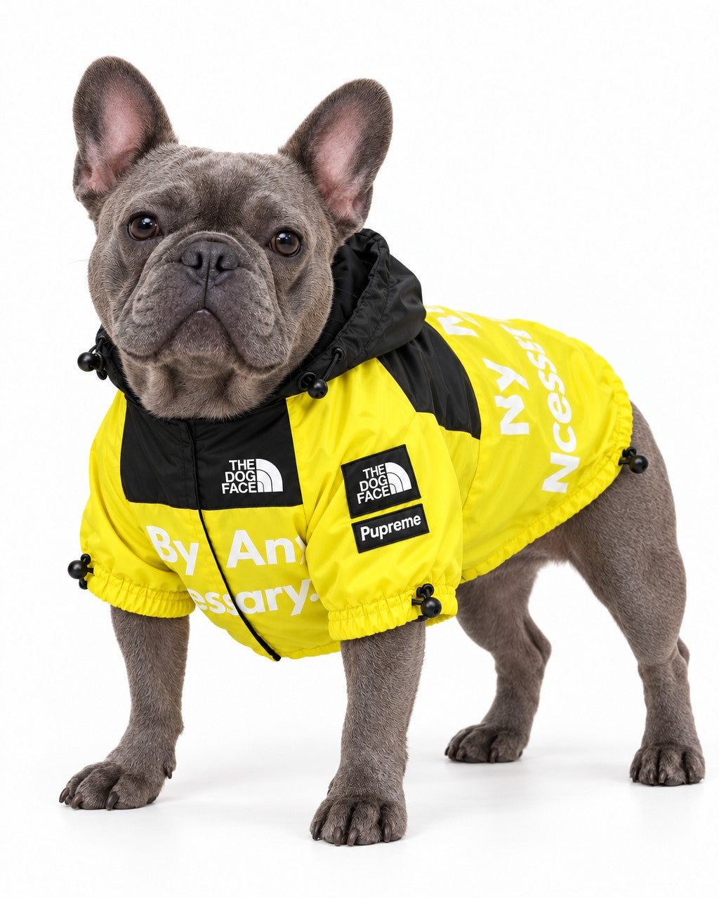 Dog Waterproof Jacket in yellow, worn by a French bulldog, standing, three-quarter view