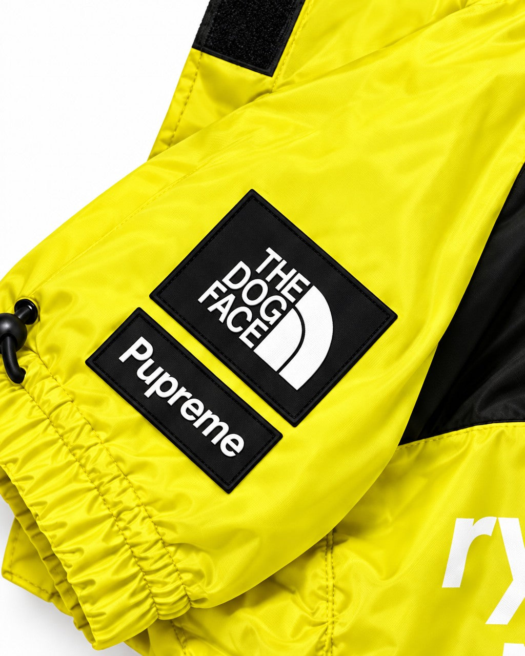 Dog Waterproof Jacket in yellow, sleeve labels detail