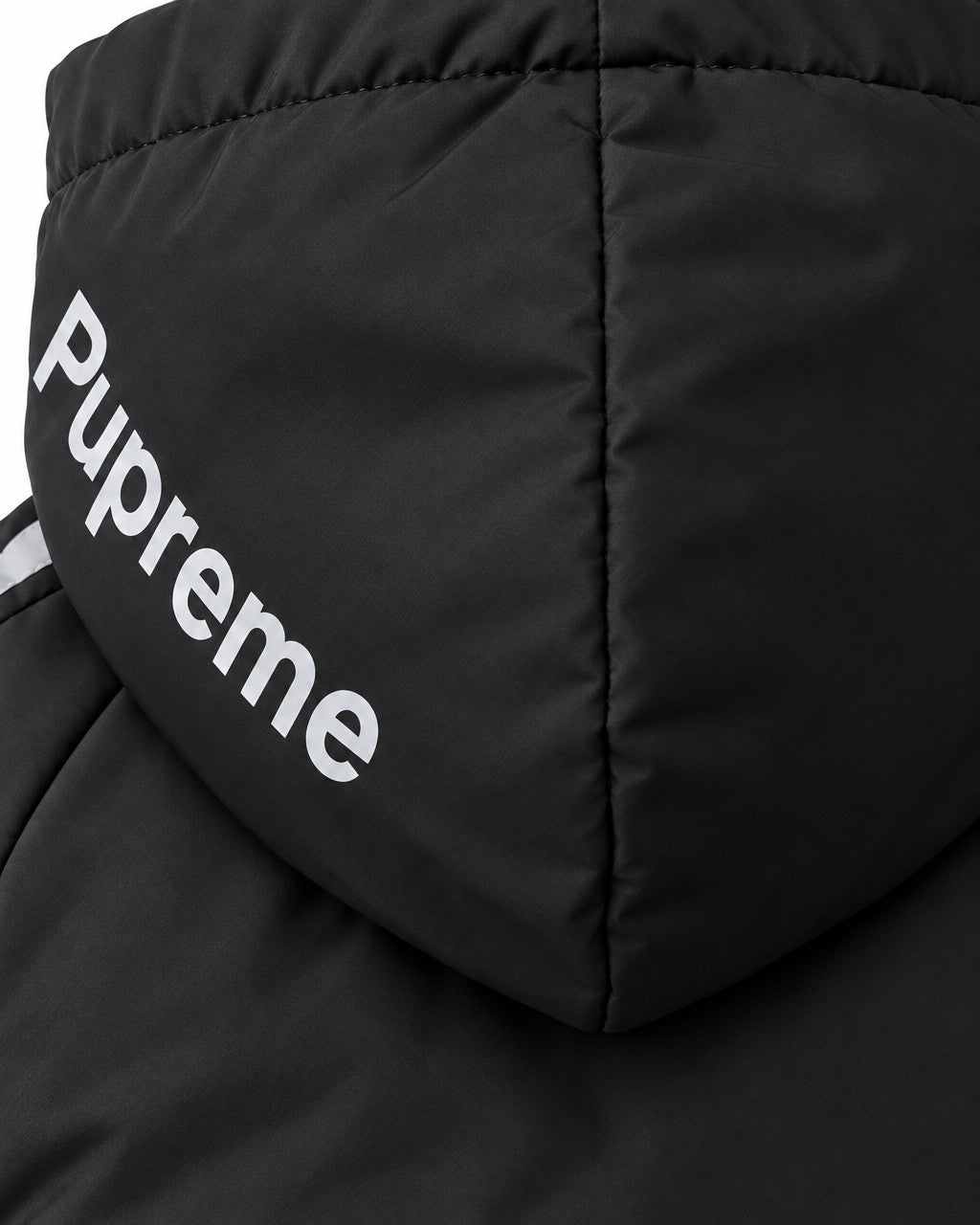 Dog Winter Jacket in black, hood print detail