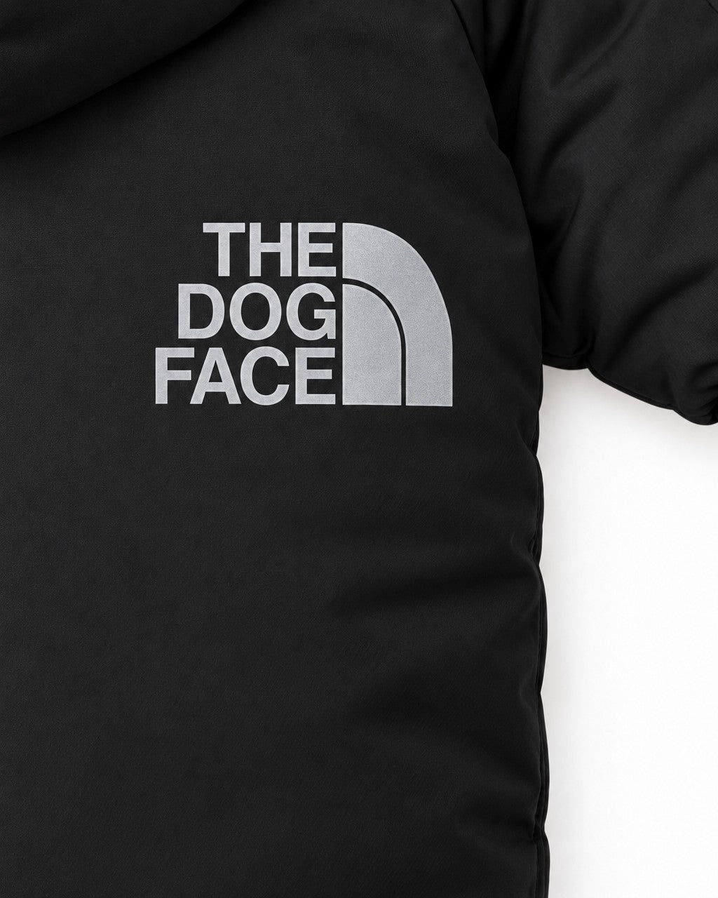 Dog Winter Jacket in black, reflective logo detail on the back