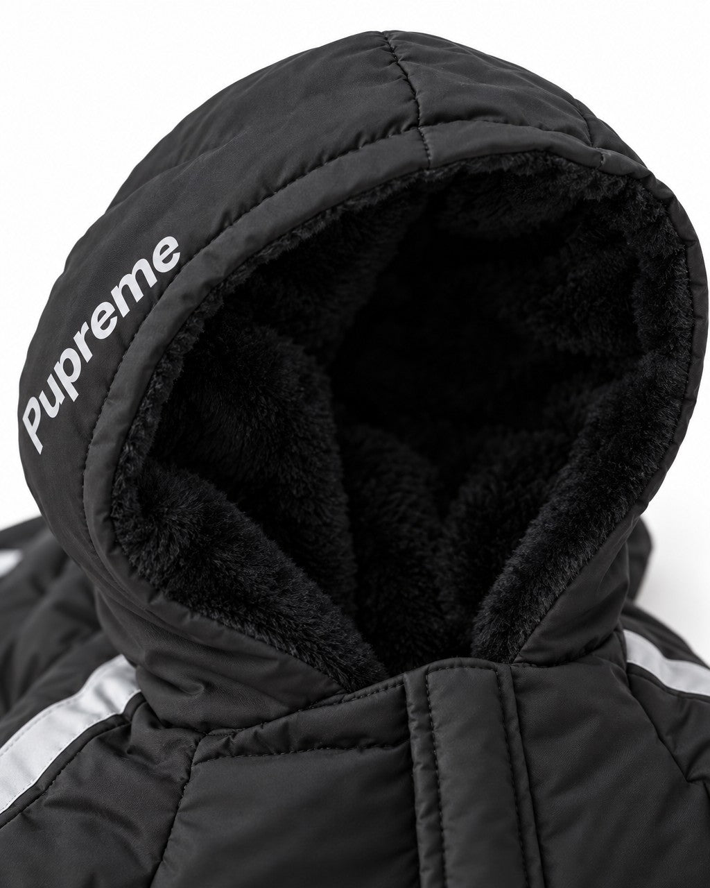 Dog Winter Jacket in black, plush-lined hood detail