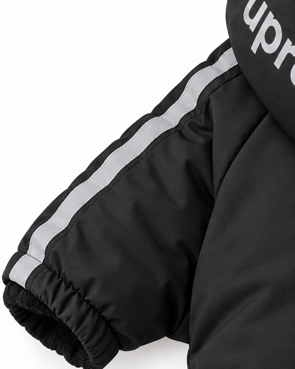 Dog Winter Jacket in black, reflective sleeve stripe detail