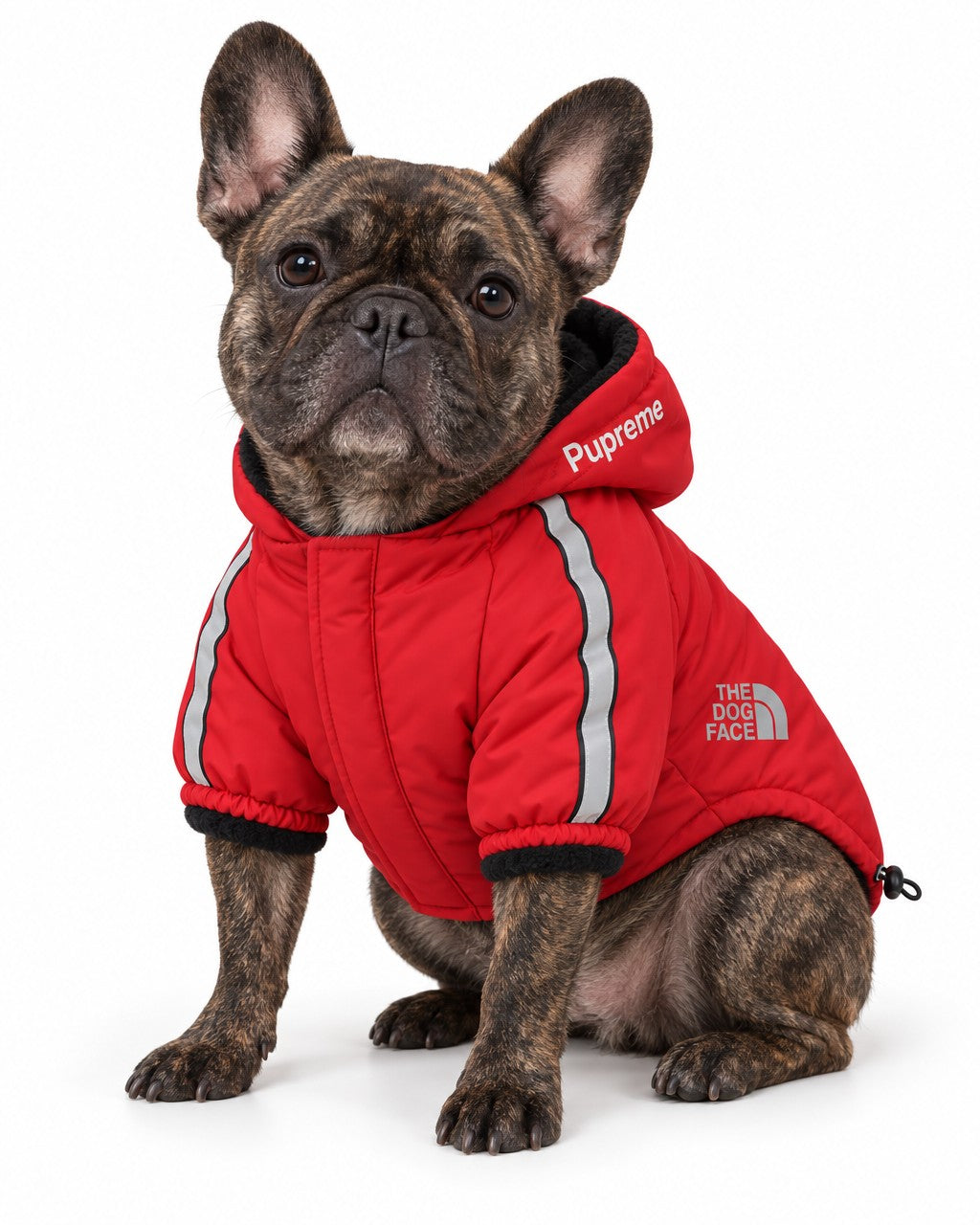 Dog Winter Jacket in red, worn by a French bulldog, sitting, front view
