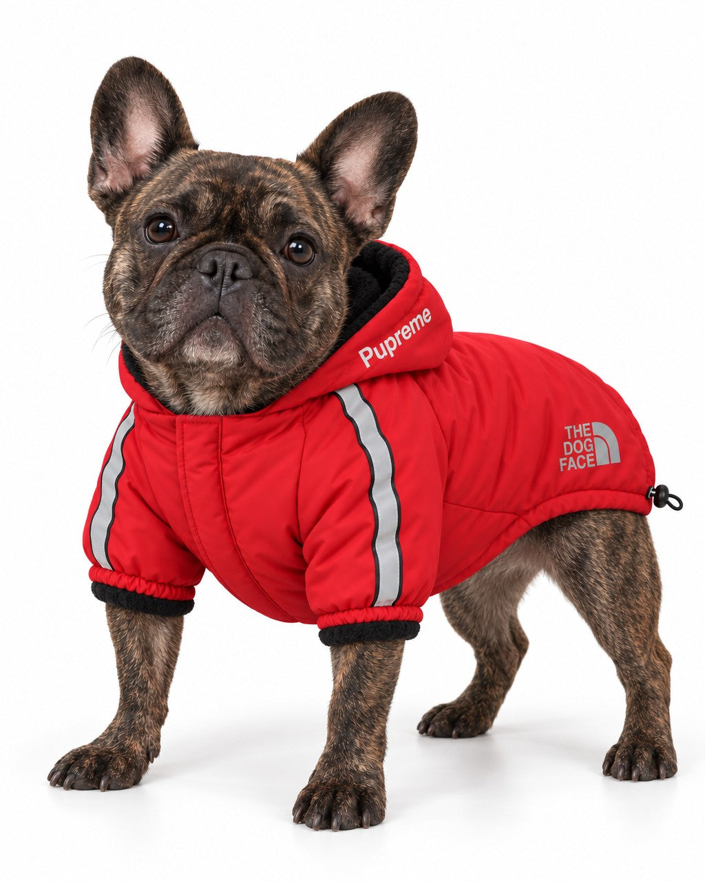 Dog Winter Jacket in red, worn by a French bulldog, standing, three-quarter view