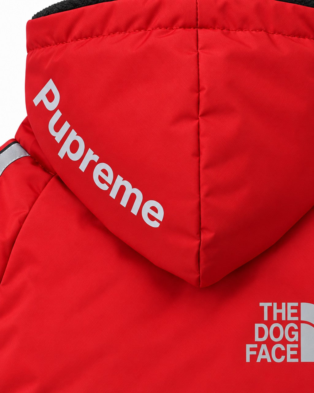 Dog Winter Jacket in red, hood print detail