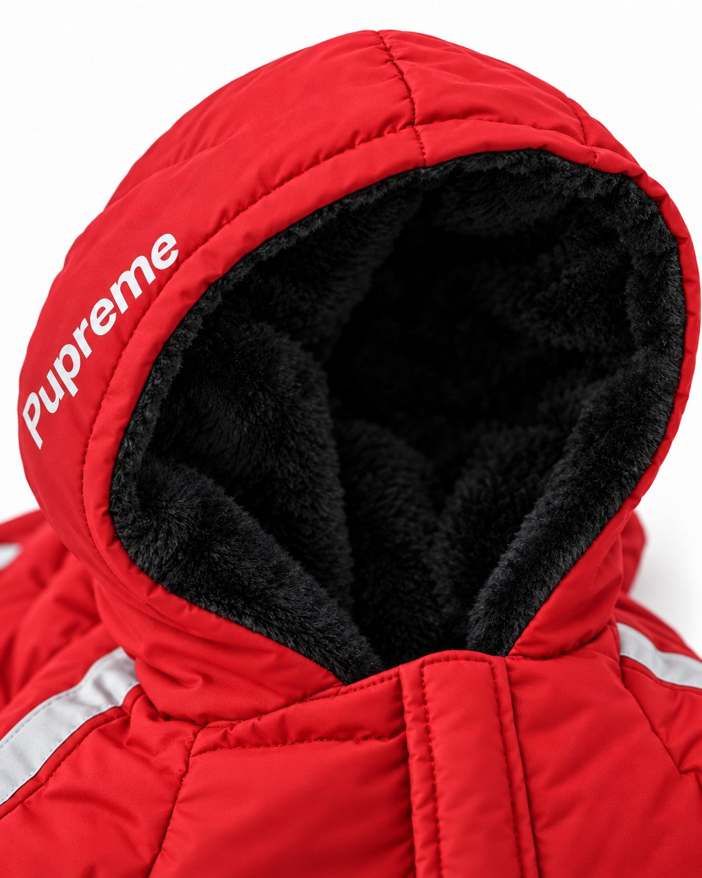 Dog Winter Jacket in red, plush-lined hood detail