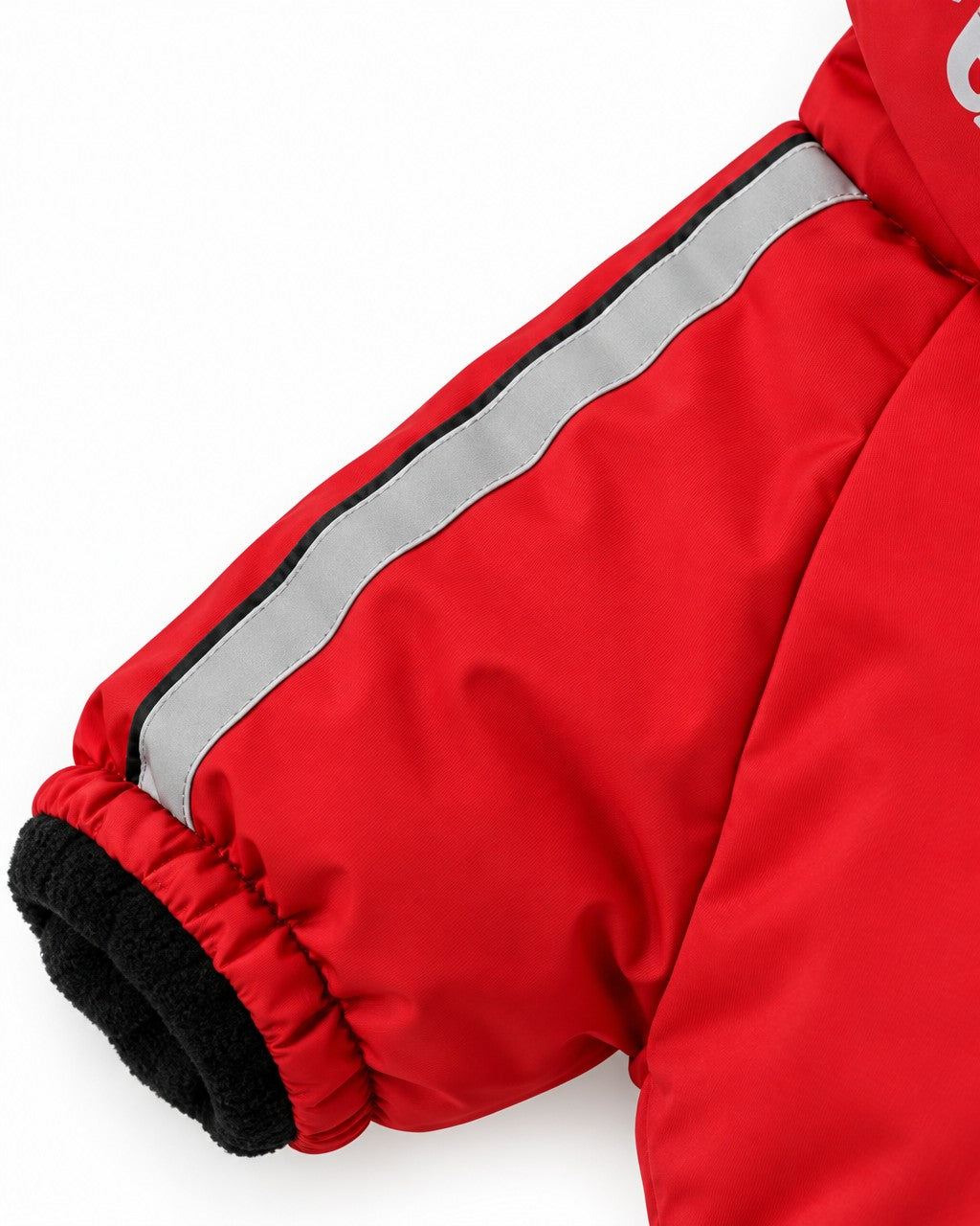 Dog Winter Jacket in red, reflective sleeve stripe detail