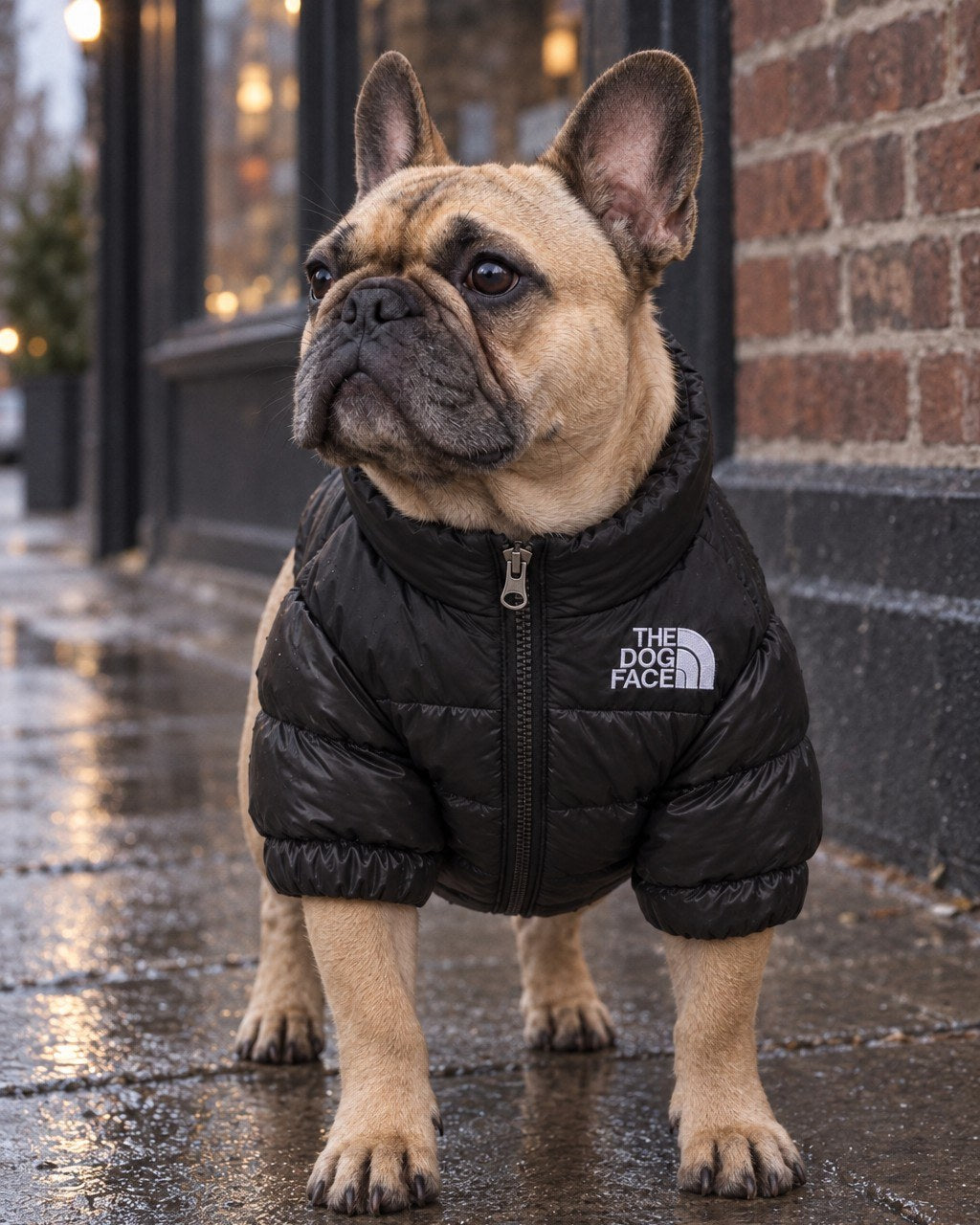 French bulldog in the black Dog Puffer Jacket on a wet city street