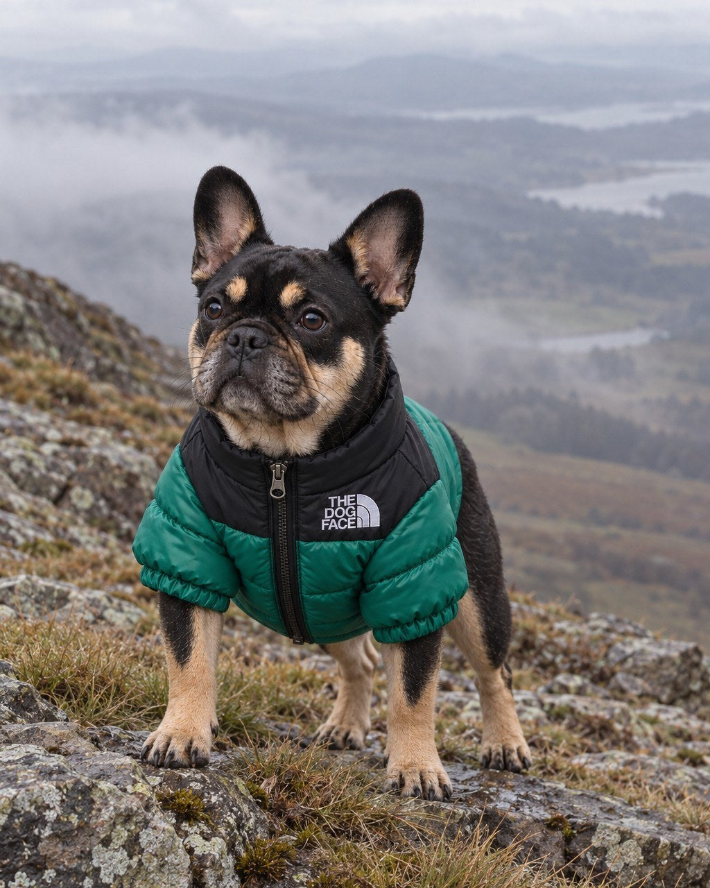 French bulldog in the green Dog Puffer Jacket on a misty mountain ridge