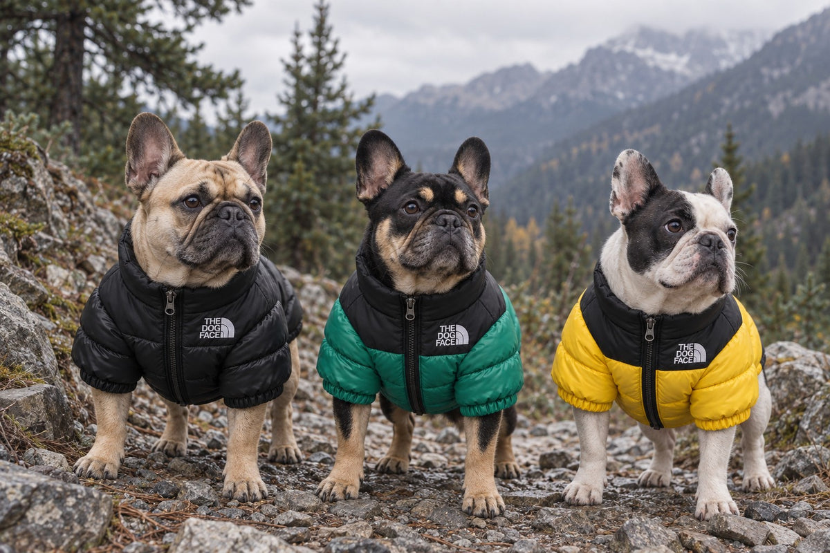 Three French bulldogs in black, green and yellow Dog Puffer Jackets on a mountain trail