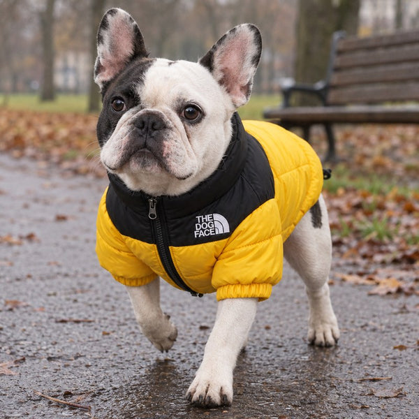 Pied French bulldog in the yellow Dog Puffer Jacket on a walk in the park