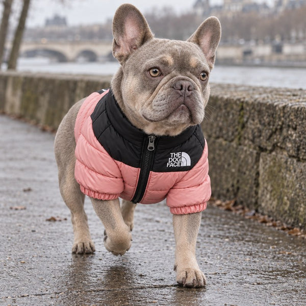 Lilac French bulldog in the pink Dog Puffer Jacket by the river