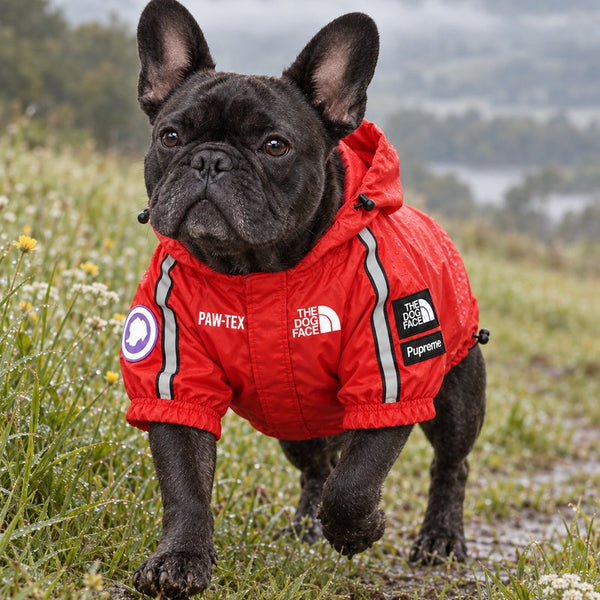Black French bulldog in the red Dog Waterproof Jacket in a meadow